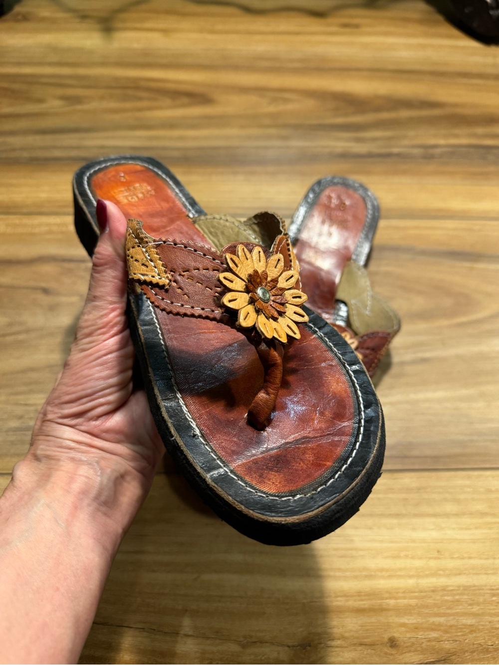 Brown and Tan Flower-Accent Thong Sandals Made in Mexico